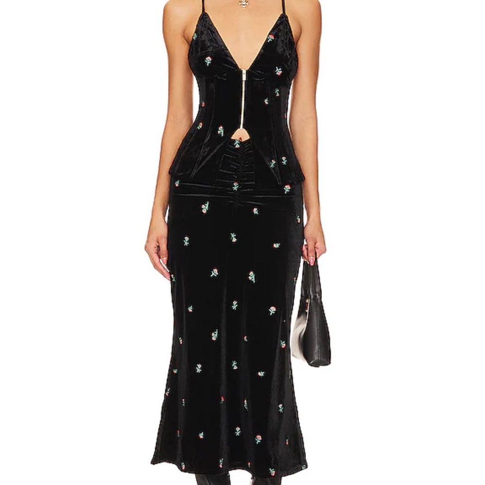 WeWoreWhat Embroidered Velvet Ruched Midi Skirt and Peplum Corset in Black Multi